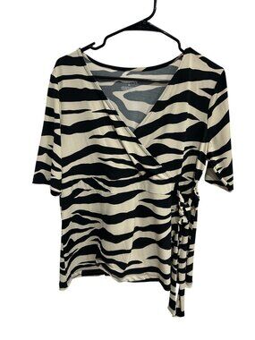 Merona Zebra Print Wrap Top Size XL Black Beige Short Sleeve Knit Texture Chic